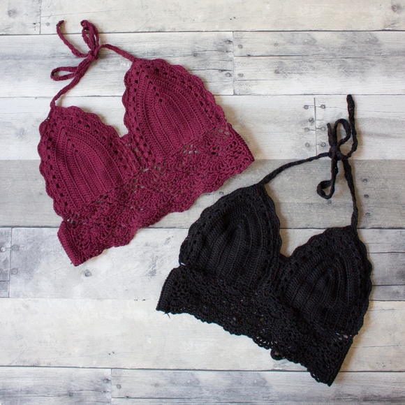 Other - Boho Halter Crochet Crop Wine Bralette Swim Top